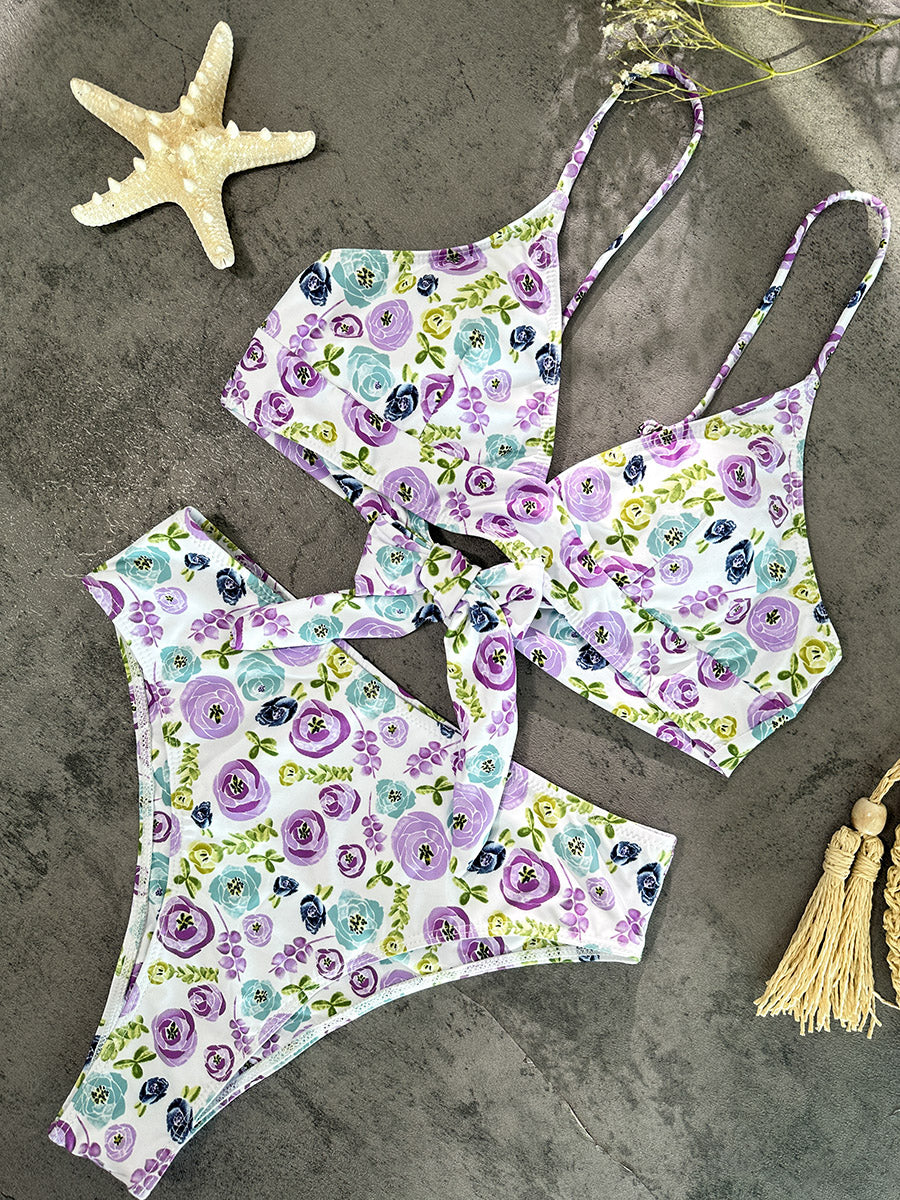Bikini Floral Púrpura y Verde Alto