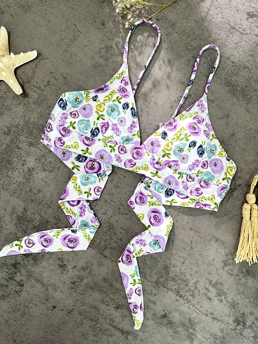 Bikini Floral Púrpura y Verde Alto