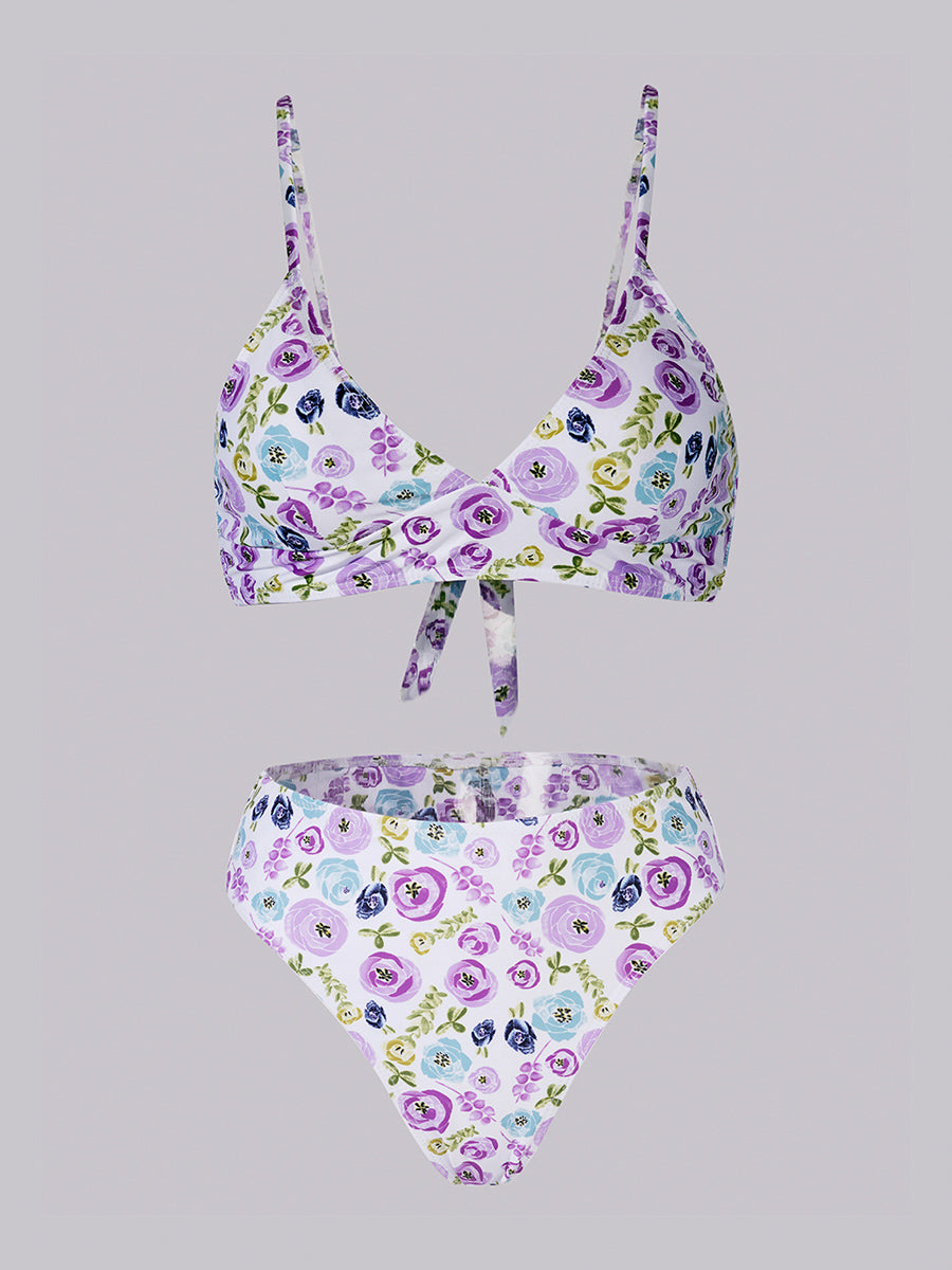 Bikini Floral Púrpura y Verde Alto