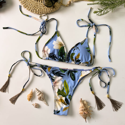 Bikini Azul Floral con Cordones