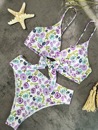 Bikini Floral Púrpura y Verde Alto
