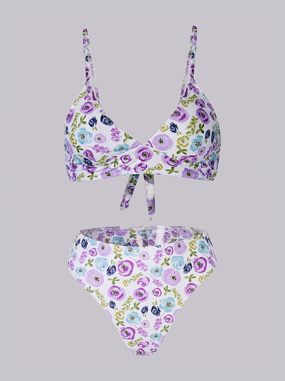Bikini Floral Púrpura y Verde Alto